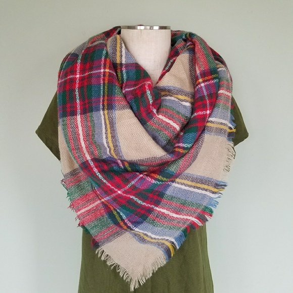 Accessories - Oversized Tartan Blanket Scarf Tan Plaid